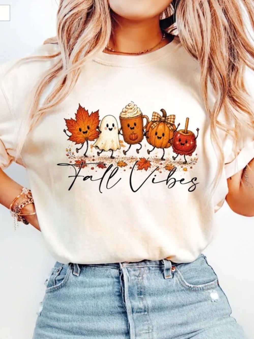 Women's 'Fall Vibes' Short Sleeve Tee in Cream, Cozy Autumn T-Shirt